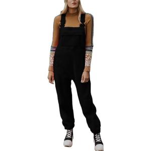 image:imagechouyatou Womens Fuzzy Fleece Overall Adjustable Strap Warm Winter Bib Overalls Casual JumpsuitsBlack