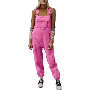 image:imagechouyatou Womens Fuzzy Fleece Overall Adjustable Strap Warm Winter Bib Overalls Casual JumpsuitsPink