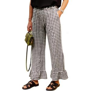 image:imagechouyatou Womens Gingham Ruffle Hem Palazzo Trousers Flared Leg Elastic Waist Wide Leg Cotton Crop PantsBlack