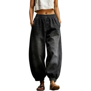 image:imagechouyatou Womens Gingham Ruffle Hem Palazzo Trousers Flared Leg Elastic Waist Wide Leg Cotton Crop PantsBlack Grey