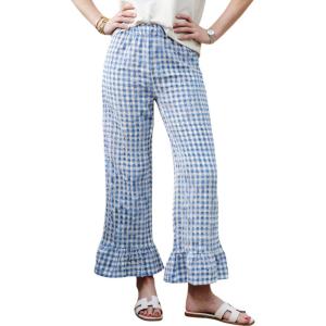 image:imagechouyatou Womens Gingham Ruffle Hem Palazzo Trousers Flared Leg Elastic Waist Wide Leg Cotton Crop PantsBlue