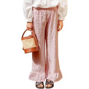 image:imagechouyatou Womens Gingham Ruffle Hem Palazzo Trousers Flared Leg Elastic Waist Wide Leg Cotton Crop PantsPink
