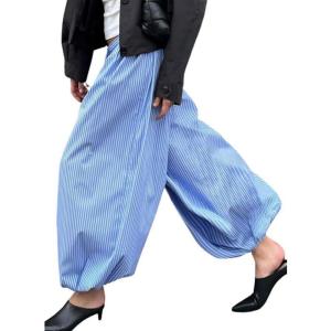 image:imagechouyatou Womens Loose Fit Striped Lantern Harem Pants Elastic Waist Wide Leg Palazzo Trousers CulottesBlue