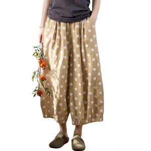 image:imagechouyatou Womens Loose Polka Dot Cotton Pants Elastic Drawstring Wide Leg Palazzo Lantern Harem PantsKhaki