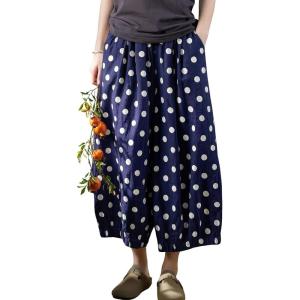 image:imagechouyatou Womens Loose Polka Dot Cotton Pants Elastic Drawstring Wide Leg Palazzo Lantern Harem PantsNavy