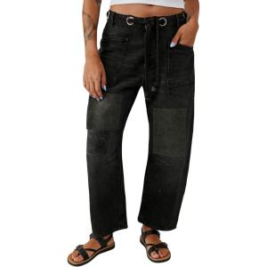 image:imagechouyatou Womens Patchwork Mid Rise Barrel Jeans Wide Leg Baggy Loose Y2k Boyfriend Denim Pants JeansBlack