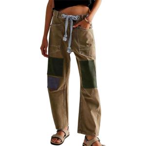 image:imagechouyatou Womens Patchwork Mid Rise Barrel Jeans Wide Leg Baggy Loose Y2k Boyfriend Denim Pants JeansBrown