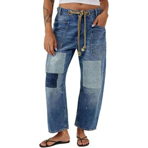 image:imagechouyatou Womens Patchwork Mid Rise Barrel Jeans Wide Leg Baggy Loose Y2k Boyfriend Denim Pants JeansDark Blue