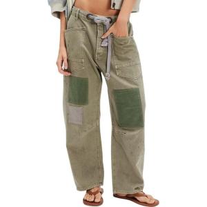 image:imagechouyatou Womens Patchwork Mid Rise Barrel Jeans Wide Leg Baggy Loose Y2k Boyfriend Denim Pants JeansGreen