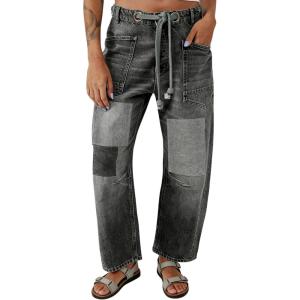 image:imagechouyatou Womens Patchwork Mid Rise Barrel Jeans Wide Leg Baggy Loose Y2k Boyfriend Denim Pants JeansGrey