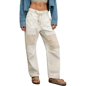 image:imagechouyatou Womens Patchwork Mid Rise Barrel Jeans Wide Leg Baggy Loose Y2k Boyfriend Denim Pants JeansWhite