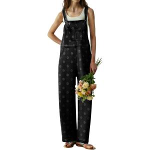 image:imagechouyatou Womens Retro Floral Printed Baggy Denim Bib Overalls Adjustable Strap Wide Leg Jumpsuit Jeans Overall PantBlack