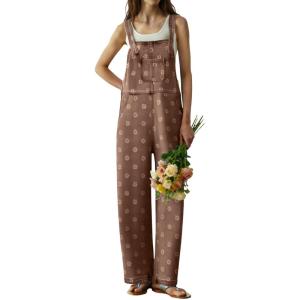 image:imagechouyatou Womens Retro Floral Printed Baggy Denim Bib Overalls Adjustable Strap Wide Leg Jumpsuit Jeans Overall PantBrown