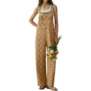 image:imagechouyatou Womens Retro Floral Printed Baggy Denim Bib Overalls Adjustable Strap Wide Leg Jumpsuit Jeans Overall PantKhaki