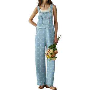 image:imagechouyatou Womens Retro Floral Printed Baggy Denim Bib Overalls Adjustable Strap Wide Leg Jumpsuit Jeans Overall PantLight Blue