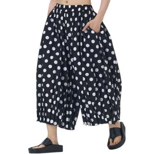 image:imagechouyatou Womens Retro Polka Dot Wide Leg Capri Pants Plaid Print Baggy Loose Fit Culottes Cropped Pants with PocketsDot Black