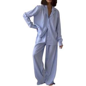 image:imagechouyatou Womens Striped Pajama 2 Piece Sets Button Down Shirt and Wide Leg Pant Lounge Set Casual Loose SleepwearBlue