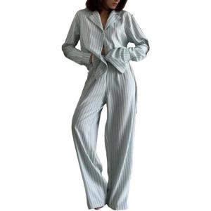image:imagechouyatou Womens Striped Pajama 2 Piece Sets Button Down Shirt and Wide Leg Pant Lounge Set Casual Loose SleepwearGreen