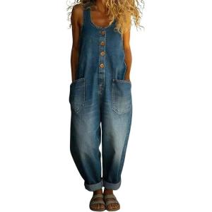 image:imagechouyatou Womens Suspender Strap Loose Denim Bib Overalls Y2k Baggy Distressed Jeans Wide Leg Jumpsuit PantsBlue