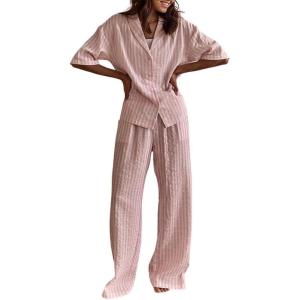 image:imagechouyatou Womens Two Piece Striped Pajama Sets Short Sleeve Shirt and Pant Lounge Set Casual Loose SleepwearPink