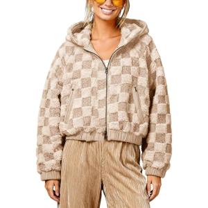 image:imagechouyatou Womens Winter Checkered Faux Fur Coat Fuzzy Fleece Plaid Hooded Zip Up Winter Warm Sherpa JacketLight Khaki