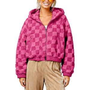 image:imagechouyatou Womens Winter Checkered Faux Fur Coat Fuzzy Fleece Plaid Hooded Zip Up Winter Warm Sherpa JacketRose