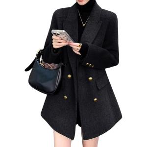 image:imagechouyatou Womens Winter Wool Trench Coat Blazer Jacket Notched Collar Dressy Mid Long Peacoat OuterwearBlack