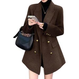 image:imagechouyatou Womens Winter Wool Trench Coat Blazer Jacket Notched Collar Dressy Mid Long Peacoat OuterwearCoffee