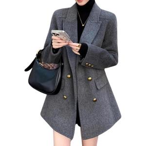 image:imagechouyatou Womens Winter Wool Trench Coat Blazer Jacket Notched Collar Dressy Mid Long Peacoat OuterwearGrey