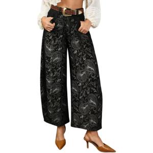 image:imagechouyatou Womens Y2K Baggy Barrel Jeans Floral Print Wide Leg Denim Ankle Pants Boyfriend High Waisted JeansBlack