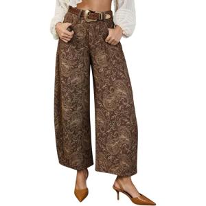 image:imagechouyatou Womens Y2K Baggy Barrel Jeans Floral Print Wide Leg Denim Ankle Pants Boyfriend High Waisted JeansCoffee