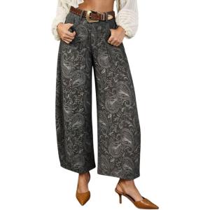 image:imagechouyatou Womens Y2K Baggy Barrel Jeans Floral Print Wide Leg Denim Ankle Pants Boyfriend High Waisted JeansGrey