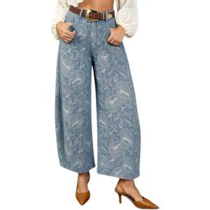 image:imagechouyatou Womens Y2K Baggy Barrel Jeans Floral Print Wide Leg Denim Ankle Pants Boyfriend High Waisted JeansLight Blue