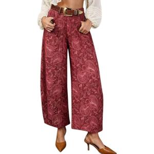 image:imagechouyatou Womens Y2K Baggy Barrel Jeans Floral Print Wide Leg Denim Ankle Pants Boyfriend High Waisted JeansRed