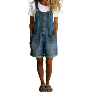 image:imagechouyatou Womens Y2K Denim Shortalls Button Front Wide Leg Loose Bib Jean Overalls Shorts Romper JumpsuitsBlue