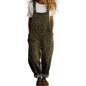 image:imagechouyatou Womens Y2K Leopard Print Denim Bib Overall Pants Wide Leg Cheetah Jeans Jumpsuits Loose RomperGreen