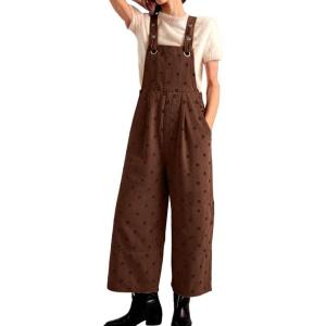 image:imagechouyatou Womens Y2K Polka Dot Denim Bib Overalls Distressed Wide Leg Boyfriend Baggy Jeans JumpsuitsBrown