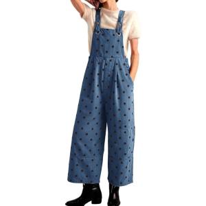 image:imagechouyatou Womens Y2K Polka Dot Denim Bib Overalls Distressed Wide Leg Boyfriend Baggy Jeans JumpsuitsDark Blue
