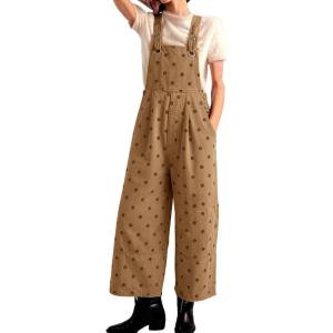 image:imagechouyatou Womens Y2K Polka Dot Denim Bib Overalls Distressed Wide Leg Boyfriend Baggy Jeans JumpsuitsKhaki