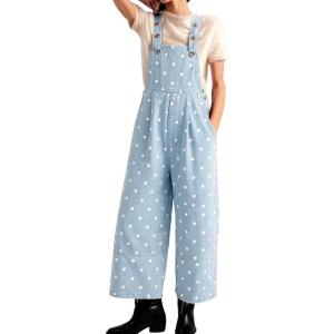 image:imagechouyatou Womens Y2K Polka Dot Denim Bib Overalls Distressed Wide Leg Boyfriend Baggy Jeans JumpsuitsLight Blue