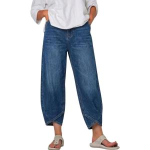 image:imagechouyatou Womens Y2k Baggy Distressed Wide Leg Capri Jeans Boho Tulip Hem Jeans High Waisted Cropped Denim PantsBlue