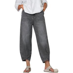 image:imagechouyatou Womens Y2k Baggy Distressed Wide Leg Capri Jeans Boho Tulip Hem Jeans High Waisted Cropped Denim PantsGray