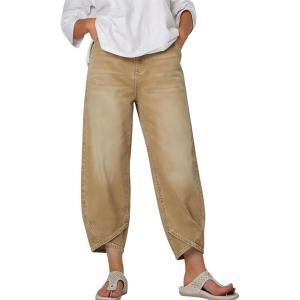 image:imagechouyatou Womens Y2k Baggy Distressed Wide Leg Capri Jeans Boho Tulip Hem Jeans High Waisted Cropped Denim PantsKhaki
