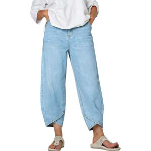 image:imagechouyatou Womens Y2k Baggy Distressed Wide Leg Capri Jeans Boho Tulip Hem Jeans High Waisted Cropped Denim PantsLight Blue