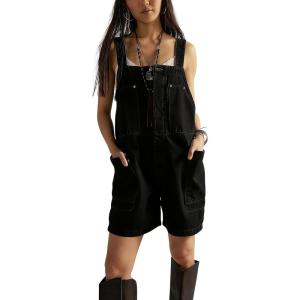 image:imagechouyatou Womens Y2k Button Front Denim Bib Overalls Suspender Strap Wide Leg Loose Romper Jumpsuit Overall ShortsBlack