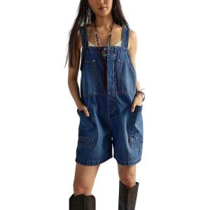 image:imagechouyatou Womens Y2k Button Front Denim Bib Overalls Suspender Strap Wide Leg Loose Romper Jumpsuit Overall ShortsBlue