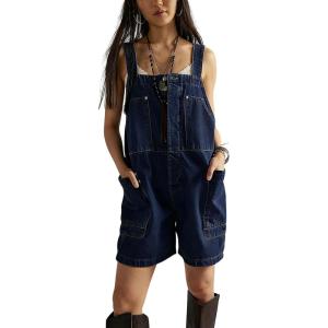 image:imagechouyatou Womens Y2k Button Front Denim Bib Overalls Suspender Strap Wide Leg Loose Romper Jumpsuit Overall ShortsDark Blue