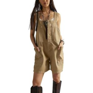 image:imagechouyatou Womens Y2k Button Front Denim Bib Overalls Suspender Strap Wide Leg Loose Romper Jumpsuit Overall ShortsKhaki