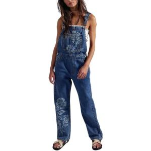 image:imagechouyatou Womens Y2k Floral Print Denim Bib Overalls Vintage Distressed Jumpsuit Wide Leg Jean Overall PantsBlue