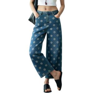 image:imagechouyatou Womens Y2k Floral Printed Wide Leg Jeans Boho Distressed Cropped Jeans High Waisted Baggy Denim PantsBlue